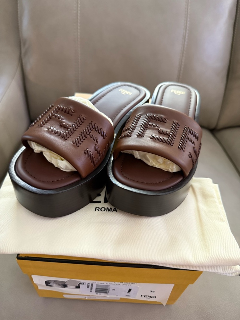 Fendi Brown Leather Platform Slide Mules